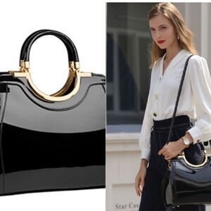 ♥️ Women's Handbags Designer Purses Satchel 
Structured Shoulder black patent